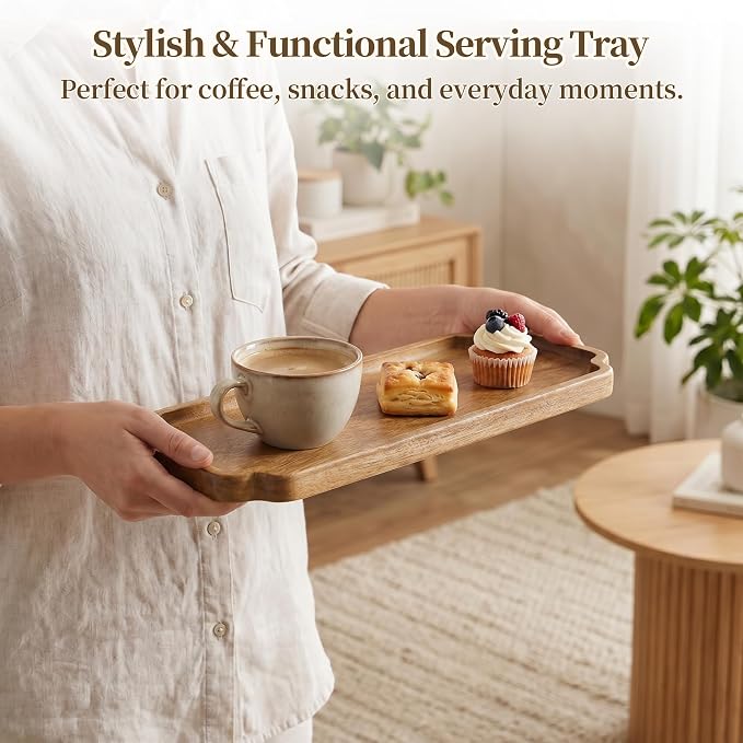 Small Wooden Tray | Acacia Wood Tray for Vanity, Bathroom Counter, Coffee Table & Toilet | Perfect for Remote, Snack & Catch All | Mini Charcuterie Board Serving Platter (Scalloped Rectangular)