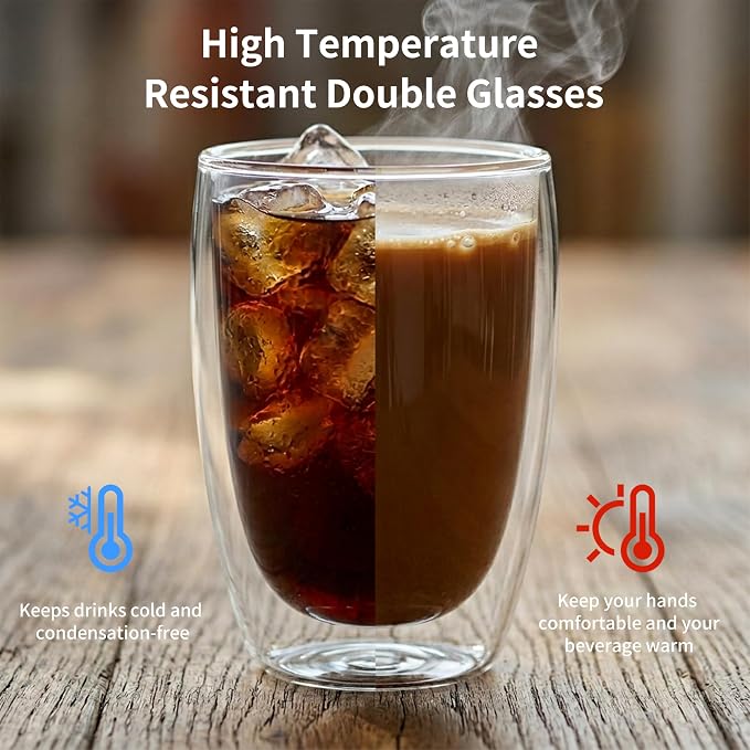 MESNEY 17oz Double Walled Glass Coffee Mugs, Glass Coffee Mugs Set of 48, Insulated Clear Cappuccino Latte Mugs for Home, Cafe & Restaurant, Durable Stackable Drinking Glasses