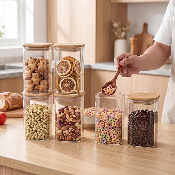 SENTVEND 37 Oz Glass Storage Jars with Bamboo Lids - 6 Pack Clear Glass Canisters Square Airtight Stackable Ideal for Pantry Storage Containers Organizers Great for Storing Oats Coffee Beans Nuts etc