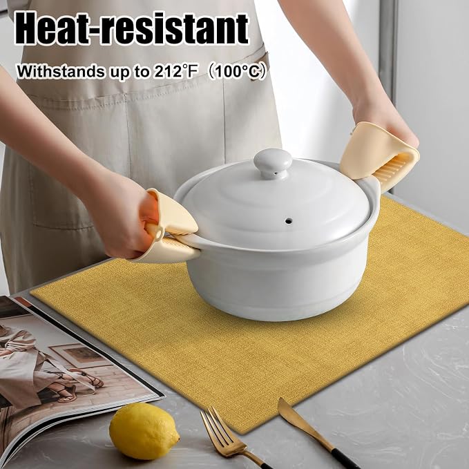 Homaxy Faux Leather Heat Resistant Placemats for Dining Table Set of 6, Waterproof Wipeable Washable PU Table Mats, Easy to Clean Anti-Slip Place Mats, 11.8" x 17", Yellow