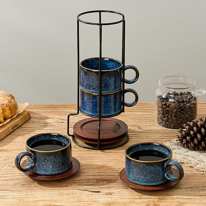 LUKA 6 Ounce Porcelain Stackable Espresso Cups with Saucers and Metal Stand Set of 4, Ceramic Cappuccino Cups Set for Specialty Coffee Drinks, Latte, Cafe Mocha and Tea, Reactive Blue