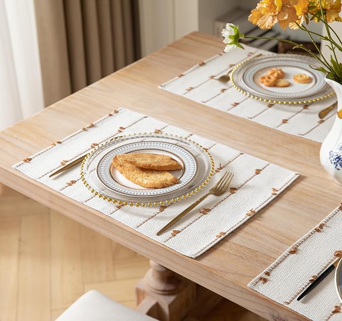Boho Placemats Set of 6 for Dining Table Decor, Woven Cloth Place Mats for Farmhouse Rustic Kitche Home Decor, Cotton Placemats 13 x 19 Inch, Brown and Beige Table mats