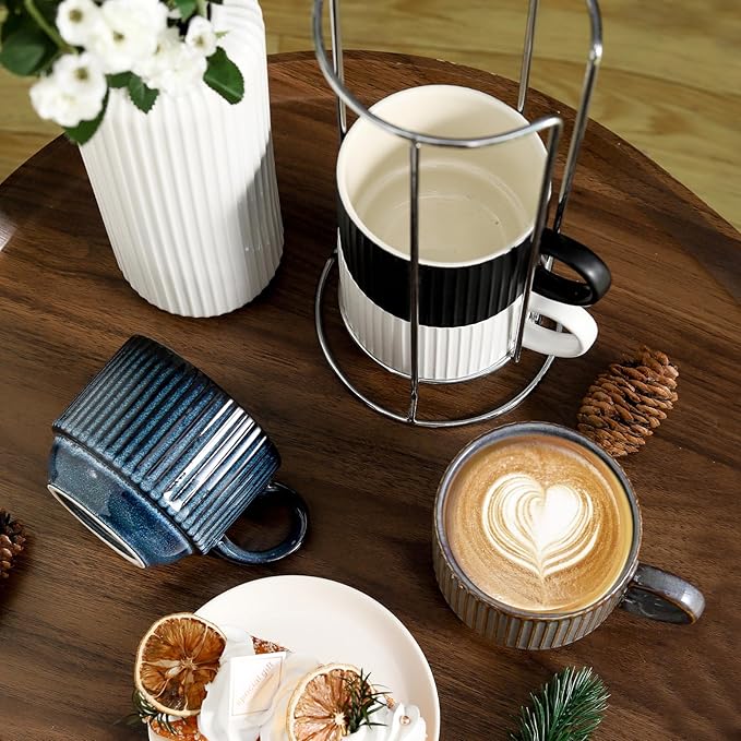 Ceramic Coffee Mugs with Stand,15 Ounce Stackable Coffee Cups Set of 4 for Latte,Cappuccino,Mocha,Cocoa,Ribbed Vintage Coffee Cups for Men Women,Dishwasher & Microwave Safe,Striped Multicolor