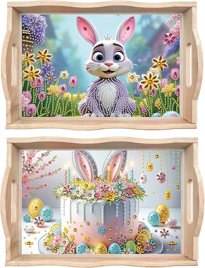 BAYUNOE 2Pcs DIY Diamond Serving Tray Rectangular Breakfast Tray with Handle Handmade Diamond Art Painting Wooden Tray Spring Creative Dinner Plate Coffee Room Living Home Organizer-03