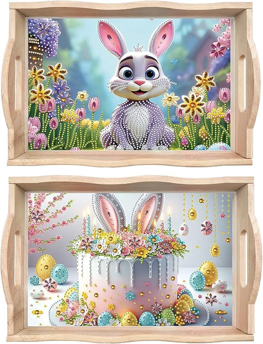 BAYUNOE 2Pcs DIY Diamond Serving Tray Rectangular Breakfast Tray with Handle Handmade Diamond Art Painting Wooden Tray Spring Creative Dinner Plate Coffee Room Living Home Organizer-03