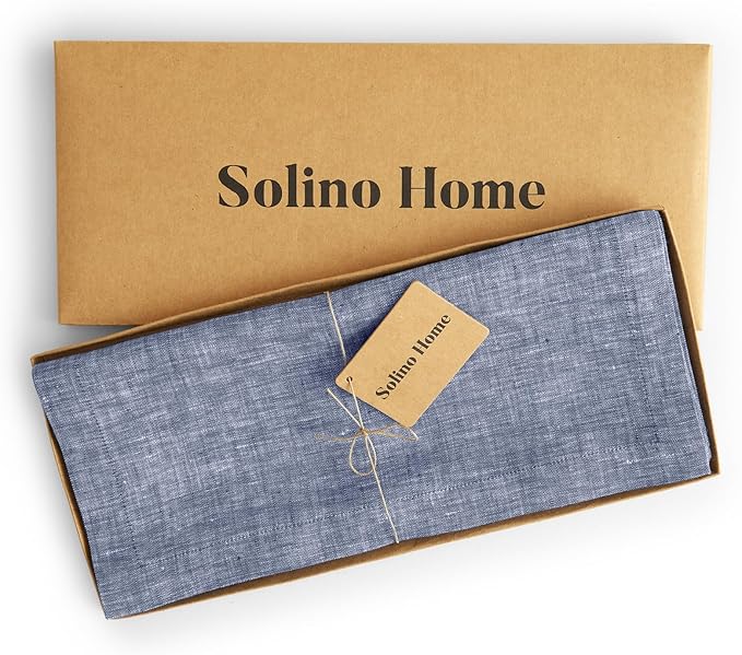 Solino Home Linen Chambray Indigo Table Runner 90 Inches Long - Athena, 100% Pure Linen Dining Table Runner 14 x 90 Inch for Spring, Summer
