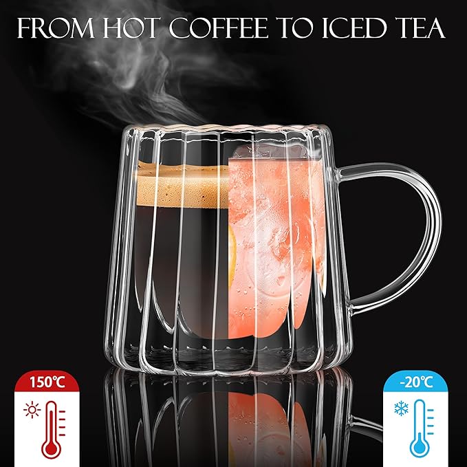 Joeyan Double Walled Glass Coffee Mugs,Latte Cappuccino Tea Cups with Handle,Insulated Borosilicate Espresso Shot Cups,Glass Milk Creamer Pitcher Frothing Cup Hot Beverage Glassware,8.5 oz,Set of 2
