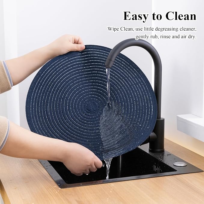 SHACOS Round Placemats Set of 4 Washable 15 inch Round Table Mats Cotton Polyester Woven Braided Place Mats for Dining Table, Navy