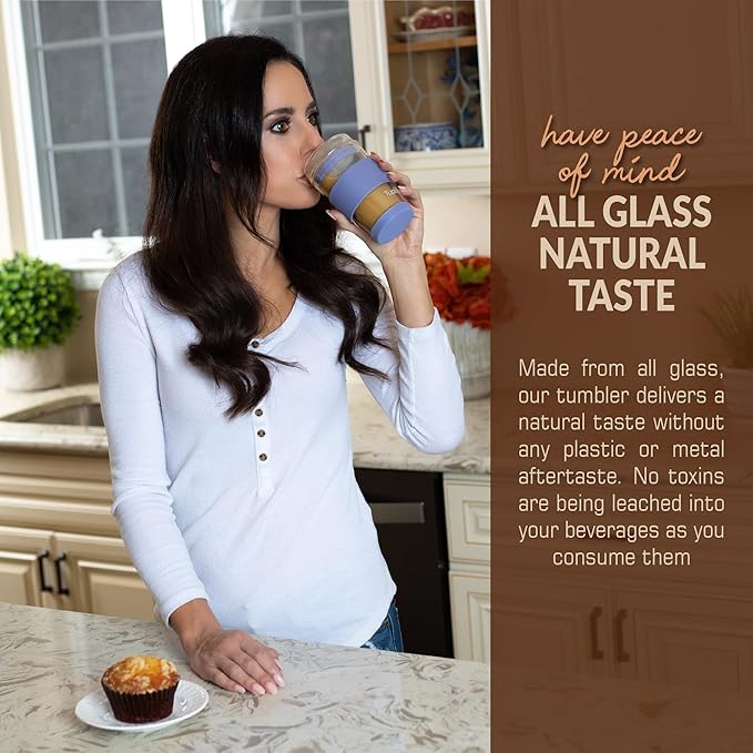 Double Wall Glass Tumbler - 8-Ounce, All Glass Hand Blown Reusable Insulated Tea/Coffee Mug & Lid, Travel Mug - Jacaranda
