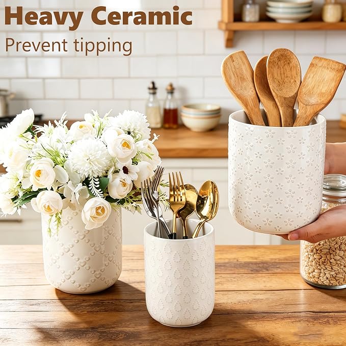 Kitchen Utensil Holder, Farmhouse Embossed Cooking Utensils Holder, White Ceramic Utensil Crock for Countertop, Large Utensil Organizer for Spatula, Spoon, Fork, Chopsticks, Set of 3
