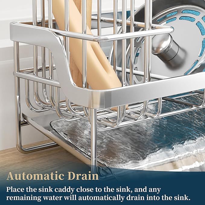 Consumest Sponge Holder for Kitchen Sink - Sink Caddy with Stainless Steel Self Drain Tray, Sink Organizer with High Brush Holder Countertop for Kitchen Sink Accessories, Silver
