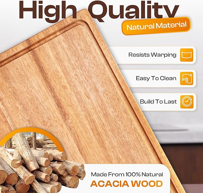 Acacia Wood Cutting Board Set of 3 – 2-in-1 Reversible Butcher Blocks & Serving Trays with Juice Groove, 100% Natural Hardwood, Multi-Size, Gift Box Ready
