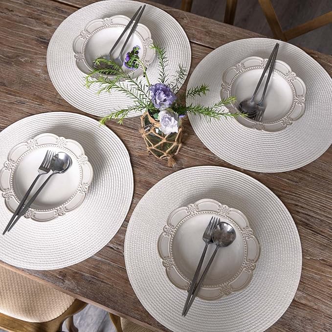 FunWheat Round Braided Placemats Set of 4 Table Mats for Dining Tables Woven Washable Non-Slip Place mats 15inch (White, 4pcs)