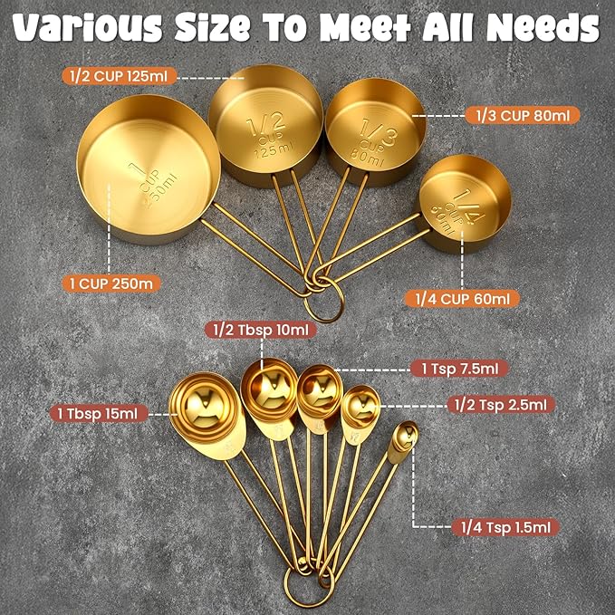 Giantree 9PCS Stainless Steel Gold Measuring Cups And Spoons Set, Metal Stackable & Long Handle Measuring Cups Measuring Spoons Set Durable Rust-Proof for Kitchen Baking Cooking