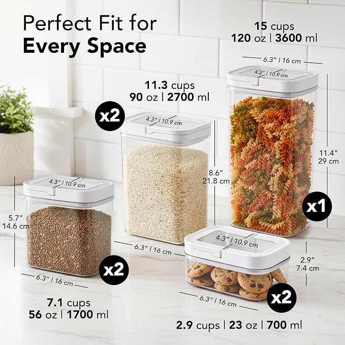 ECOBERI Airtight Food Storage Containers for Pantry, 7 Piece Set, FlipLock One-Hand Seal, Stackable, BPA-Free, Airtight Lids for Flour, Sugar, Cereal & Snacks