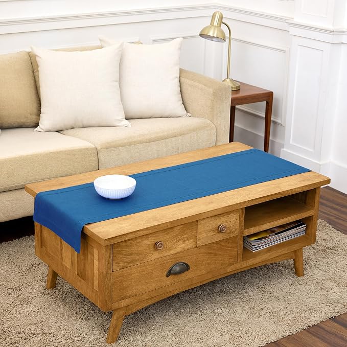Solino Home Linen Table Runner 48 Inches - 100% Pure Linen Indigo Blue Hemstitch Table Runner 14 x 48 Inch Ideal for Dresser and Coffee Tables - Summer, 4th of July - Classic Hemstitch