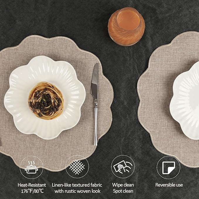 AHHFSMEI Round Faux Linen Placemats Set of 4 Heat Resistant Non-Slip Stain Proof Table Mats for Kitchen Dining Elegant Decor Place Mats (Linen Beige,4)