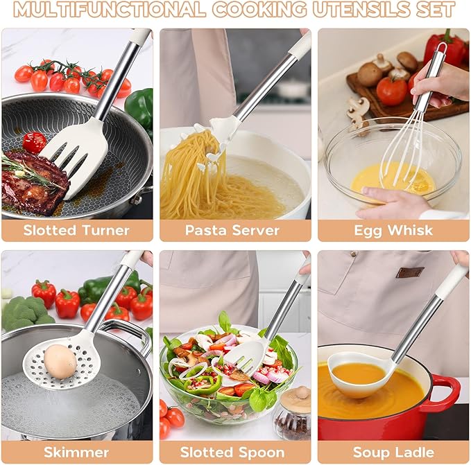 Onader Silicone Kitchen Utensils Set, 15pcs White Silicone Cooking Utensils Set with Holder, Includes Heat Resistant Spatula Turner Spoon Whisk Tong
