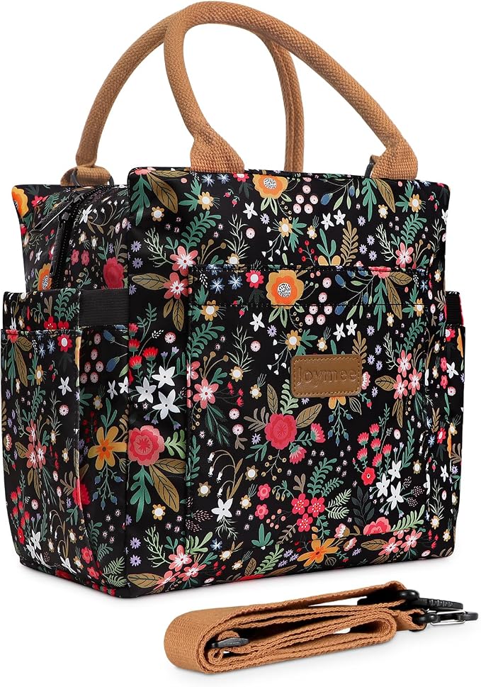 Joymee Lunch Bag Women Leakproof Insulated Floral - Multi-Floral | Large Capacity, Bottle Holder & Side Pockets, Leakproof Insulated Design, for Work, Travel, Picnic & Daily Use, for Adult