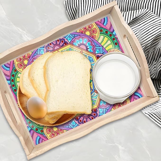 Generic DIY Diamond Serving Tray Rectangular Upgrade Increase Breakfast Tray with Handles Handmade Diamond Art Painting Wooden Tray Dinner Plate for Coffee Living Room Home Organizer-Mandala05