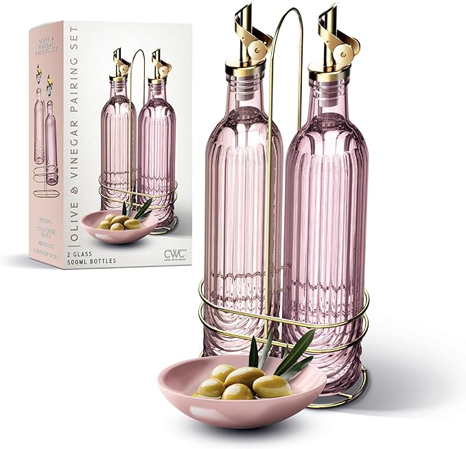 COOK WITH COLOR Glass Olive Oil Bottle Dispenser - 2 Pack- 17oz Oil and Vinegar Cruet - Olive Oil Carafe Decanter for Kitchen, Elegant Fluted, Pink