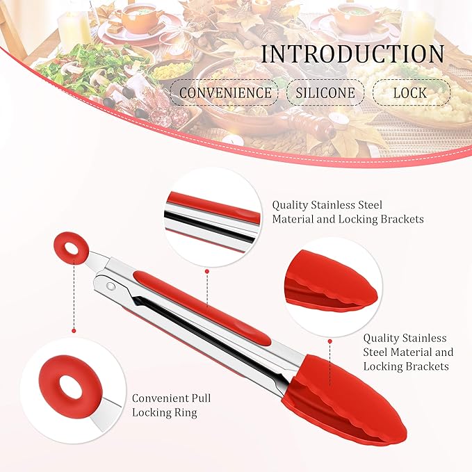 Mudder 5 Pack Mini Kitchen Tongs 7 Inch Silicone Tongs for Cooking Serving BBQ, Small Stainless Steel Food Tong with Silicone Tips for Salad, Bread, Buffet, Party & Kitchen Use(Multi)
