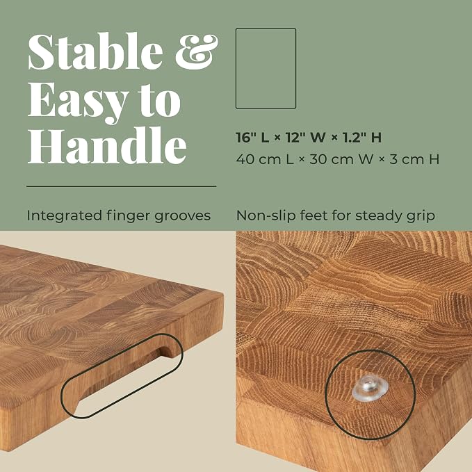 End Grain 16"x12" European Oak Wood Cutting Board, Butcher Block, Wooden Chopping Board with Non-Slip Feet & Handles, Charcuterie Board, Knife-Friendly, Serving Cutting Board for Kitchen