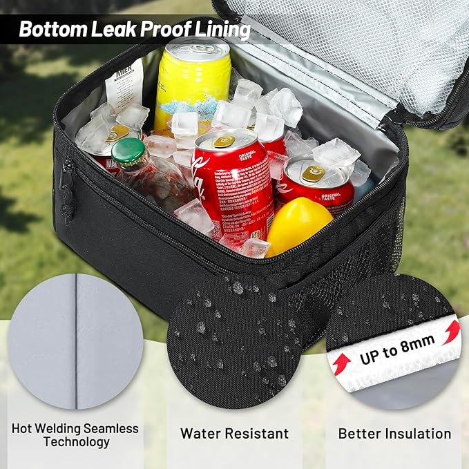MIER Insulated Lunch Box Dual Compartment Lunch Bag Leakproof Cooler for Men Women Adult Work, Black, Medium (Upgraded Extra-Tall Bottom Layer)