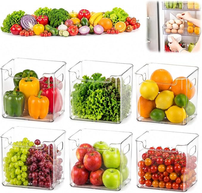 Clear Freezer Storage Bins,Stackable Freezer Organizer Bins with Handles,Clear Plastic Kitchen Organizer for Frozen Food, Meat & Veggies (6pcs, S)