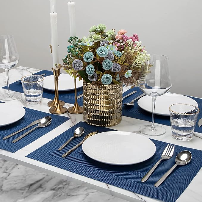Winknowl Placemats for Dining Table Set of 8 Waterproof, Woven Place Mats for Kitchen Table Vinyl Heat Insulation Stain Resistant Placemats (Navy Blue)