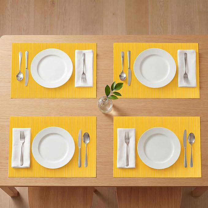 AHHFSMEI Placemats Set of 6 Woven Vinyl Non-Slip Heat Resistant Stain Resistant Easy Clean Place mats for Dining Table(Yellow)