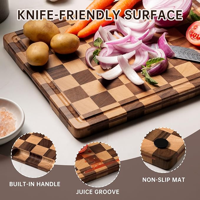 Wooden Cutting Board Set, Checkered Cutting Boards for Kitchen 3PCS, Walnut Chopping Board with Juice Grooves & Handles, Upgraded Decorative Serving Tray for Meat Vegetable Fruit, with Gift Box
