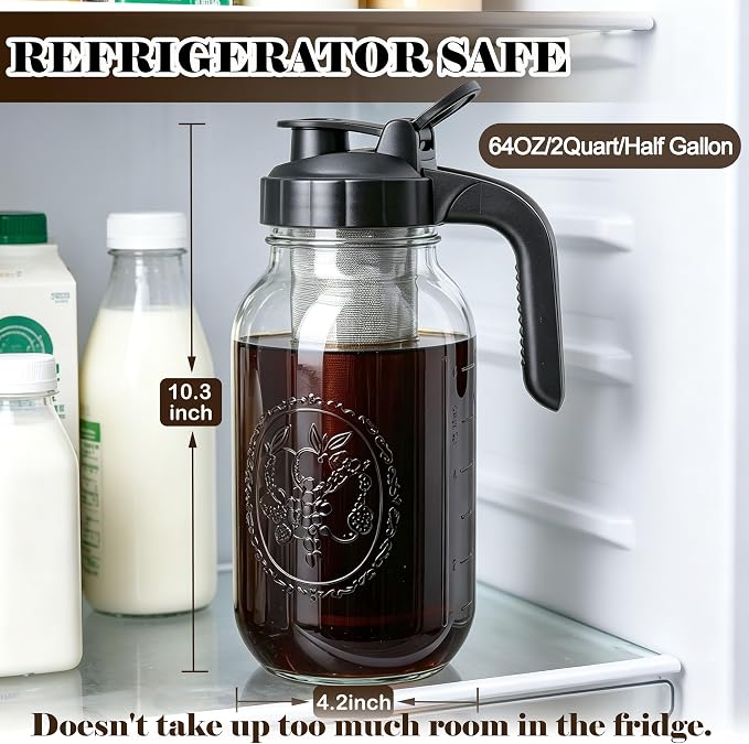 Cold Brew Coffee Maker 64oz Iced Coffee Maker with Stainless Steel Filter | Wide Mouth Glass Pitcher with Pour Spout Lid Cold Brew Pitcher with Ergonomic Handle Airtight Mason Jar Pitcher with Filter