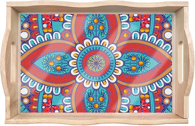 Generic DIY Diamond Serving Tray Rectangular Upgrade Increase Breakfast Tray with Handles Handmade Diamond Art Painting Wooden Tray Dinner Plate for Coffee Living Room Home Organizer-Mandala04