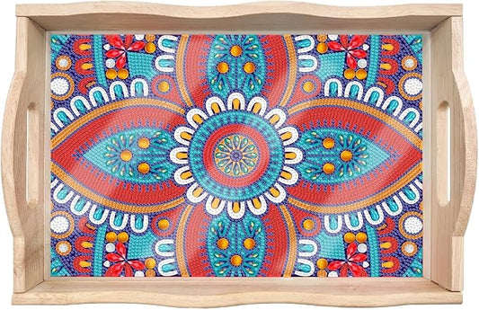 Generic DIY Diamond Serving Tray Rectangular Upgrade Increase Breakfast Tray with Handles Handmade Diamond Art Painting Wooden Tray Dinner Plate for Coffee Living Room Home Organizer-Mandala04