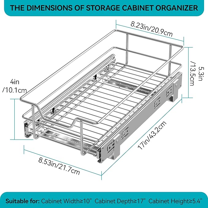 Pull Out Cabinet Organizer 9" W X 17" D, Slide Out Drawers For Kitchen Organizers and Storage, Pull Out Drawers For Cabinets Capacity Heavy Duty Caddy, Cabinet Shelves Chrome-Plated, Bathroom Pantry