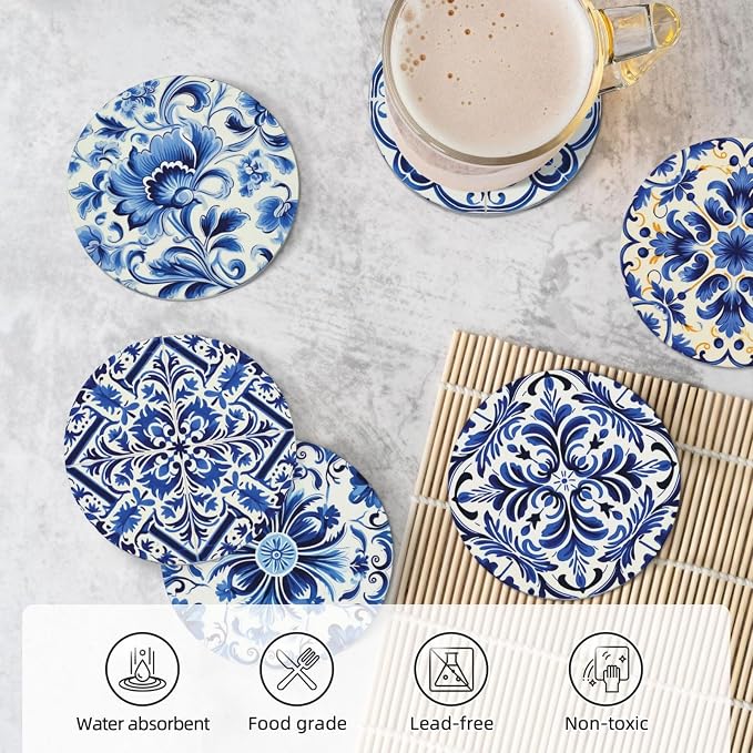 Coaster for Drinks Set of 6, Blue Vintage Spanish Ceramic Floral Absorbent Round Ceramic Stone Mat, with Cork Base and Metal Holder, Gift for Housewarming Room Bar Decor (Azulejo Tile-4)
