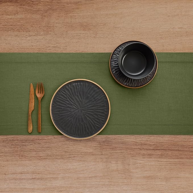Solino Home Linen Olive Table Runner 120 Inches Long - 100% Pure Linen Hemstitch 14 x 120 Inch Table Runner for Dining - Classic Hemstitch