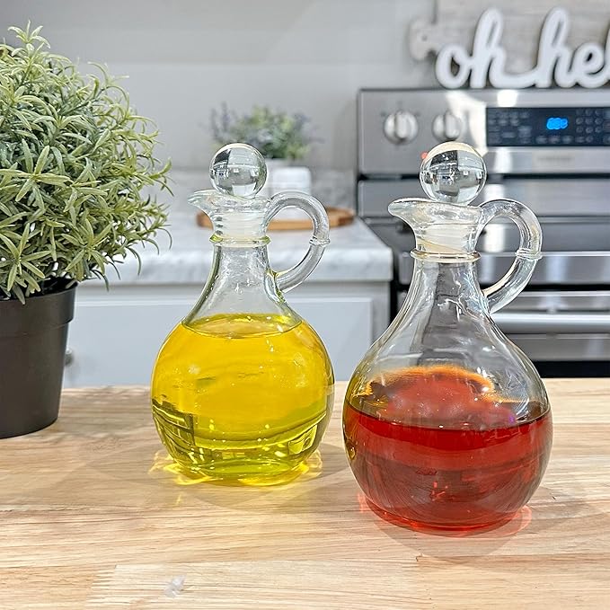 Cornucopia Brands Glass Oil and Vinegar Cruets (Set of 2); 8oz Round Oil Dispensers / Salad Dressing Bottles with Stoppers