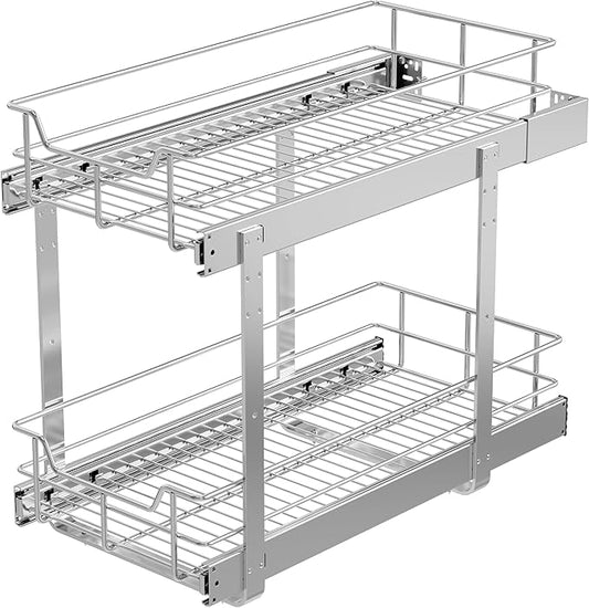 2 Tier Pull Out Cabinet Organizer 11" W X 22" D, Slide Out Drawers For Kitchen Cabinets, Pull Out Drawers For Cabinets Capacity Heavy Duty Caddy, Cabinet Pullout Shelves Chrome-Plated, Bathroom Pantry