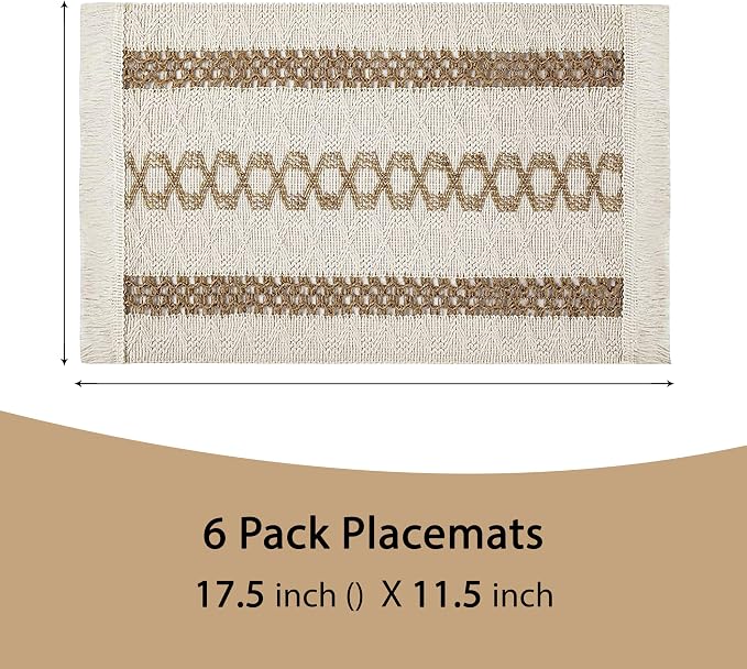 Ruvanti Cloth Placemats Set of 6 – 17.5"x11.5" Blend of Cotton, Polyester & Jute, Woven Placemats Washable Fabric, Table Mats Perfect for Farmhouse Kitchen, Parties, Holidays - Tri Stripe