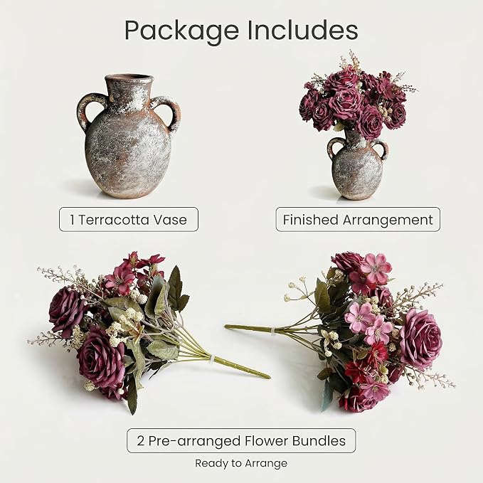 Flower Arrangement with Terracotta Vase, Pre-Arranged Faux Roses & Mixed Flowers Centerpiece for Rustic Farmhouse Table Decor/15”
