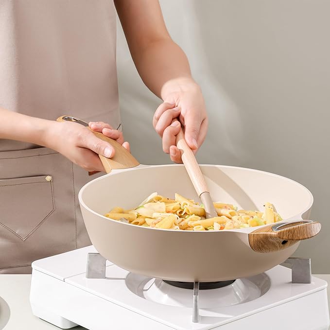 SENSARTE Kitchen Utensils 2-Piece, Silicone Cooking Utensils, Silicone Spatula and Ladle with Wooden Handle, Taupe
