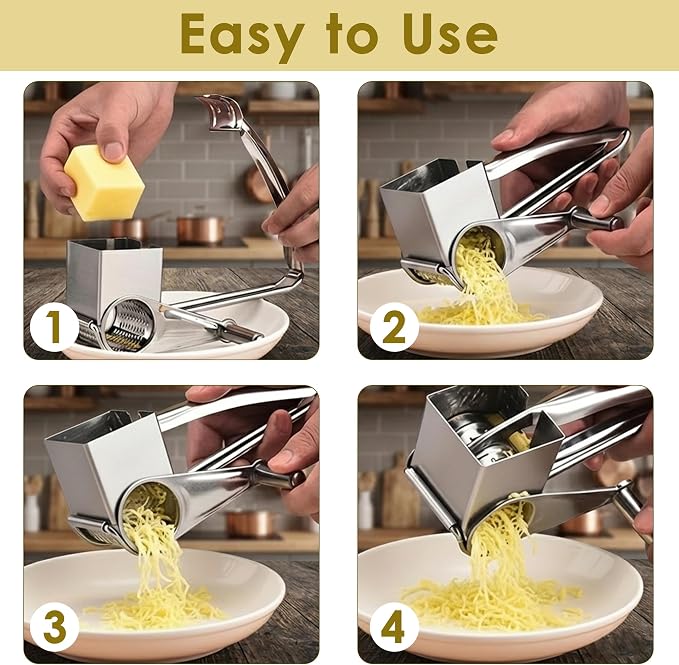 Stainless Steel Rotary Cheese Grater, Manual Hand Crank Shredder Slicer with 4 Drums, Handheld Kitchen Tool for Hard Cheese, Chocolate, Nuts