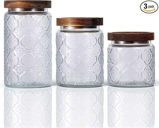 SHENLIU 3Pcs 17/24/34 oz Glass Jar with Airtight Lid, Vintage Food Storage Containers Set Food Jars Canisters for Kitchen Counter Pantry, Sugar, Flour, Candy, Tea, Coffee Beans, Oats, Grain Bin, Pasta