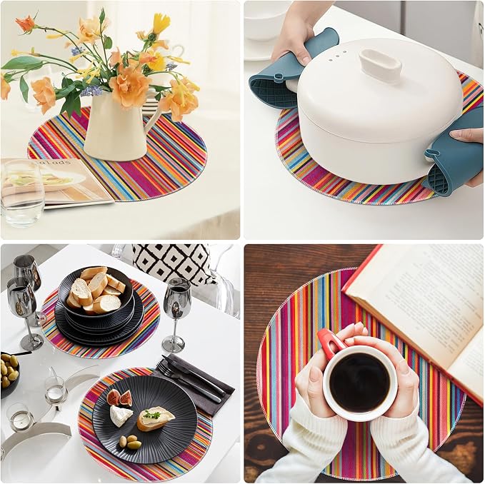 Niviy Bright Colorful Striped Round Placemats Set of 4, 15 Inch Mexican Rainbow Colored Geometric Pattern Table Mats for Holiday Party Kitchen Dining Room Decoration