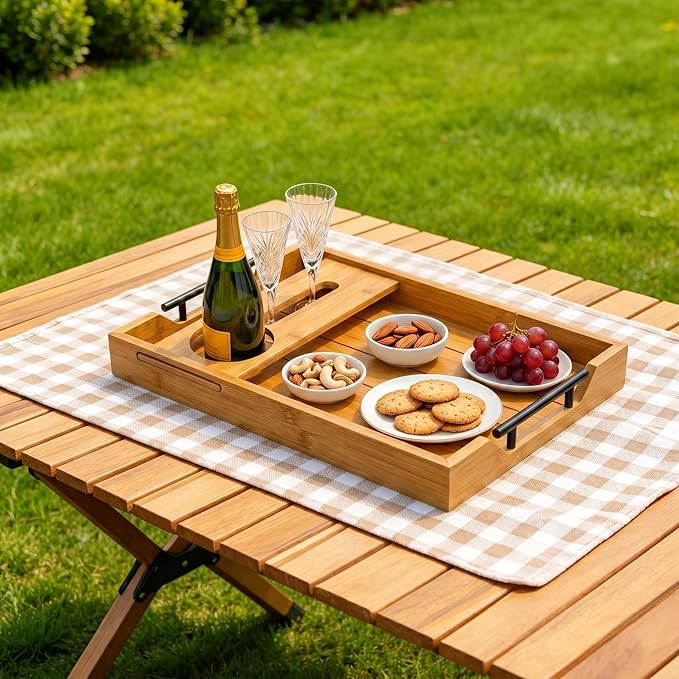 Serving Tray with Wine Glass Holder, Charcuterie Snack Tray with Handles for Wine, Cheese, Fruit and Nuts, Picnic Tray for Parties, Coffee Table and Entertaining