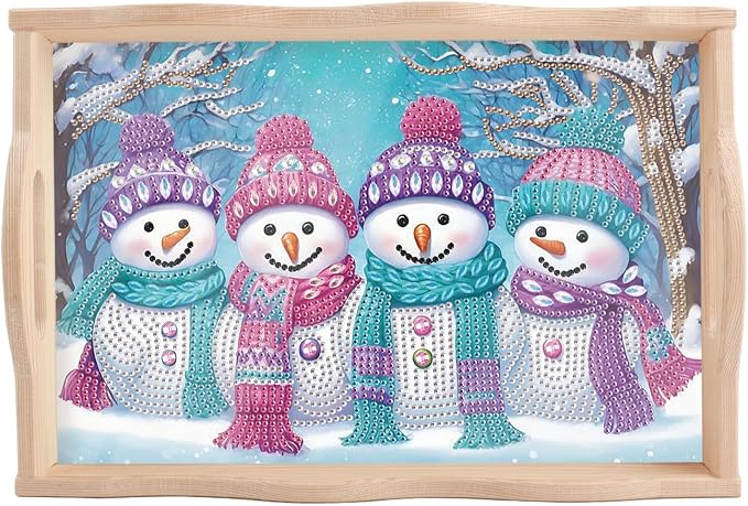 DIY Diamond Serving Tray Rectangular Breakfast Tray with Handle Handmade Diamond Art Painting Wooden Tray for Dinner Plate Coffee Room Living Home Organizer-Snowman03