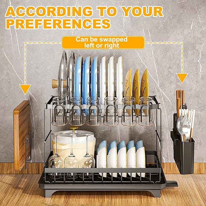 2 Tier Dish Drying Rack, Small Dish Rack for Kitchen Counter, Detachable Capacity Dish Drainer Organizer with Cutlery & Cup Holder (Black)