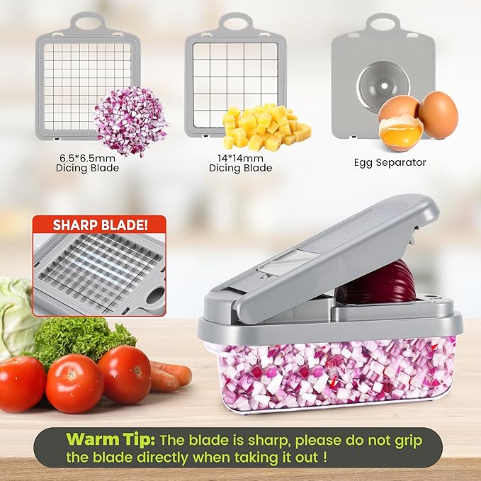 Vegetable Chopper,12-in-1 Multifunctional Food Chopper,Professional Onion Chopper with 7 Blades,Vegetable Cutter with Container for Salad,Potato,Carrot,and Garlic Essential Kitchen Tool (Silver gray)